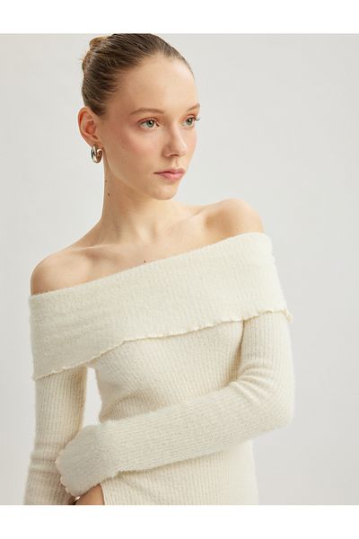Koton Madonna Collar Off-The-Shoulder Long Sleeve Slit Detail T-Shirt