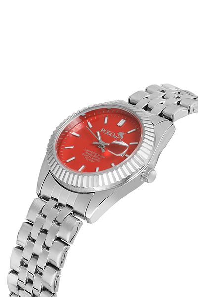 Polo Air Coral Single Row Women's Wrist Watch with Calendar Silver Red Color Pl-1519B6X