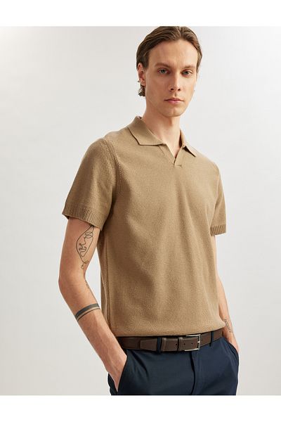 Koton Cotton Linen Blended Polo V-Neck Short Sleeve Knitwear T-Shirt