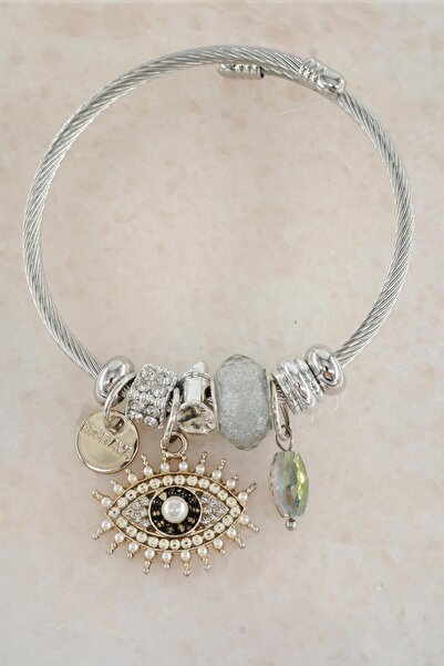 By Zeyna Aksesuar سوار نسائي من الفولاذ المقاوم للصدأ 316 لتر - سحر مجسم مختل...