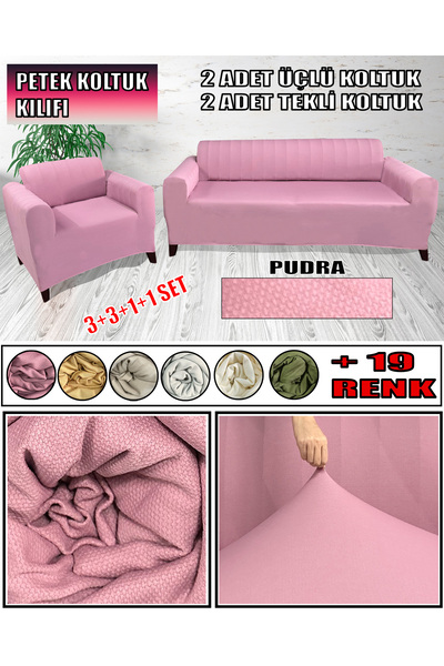 KILIFSAN Petek Kumaş 2 Adet Üçlü Çekyat- 2 Adet Tekli Koltuk Kılıfı Seti
