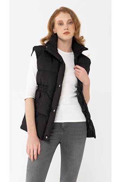 Olcay Short Puffer Vest with Gathered Waist Black 8204