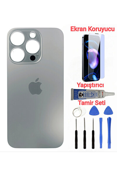 indirimplus iPhone 15 Pro Max Arka Kapak Pil Kapağı Cam Ürün NATURAL TİTANYUM +Kırılmaz Cam