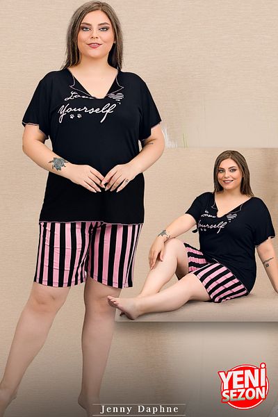 Jenny Daphne Lady Plus Size Striped Short-Sleeved V-Neck Printed Shorts Pajama Suit 10427