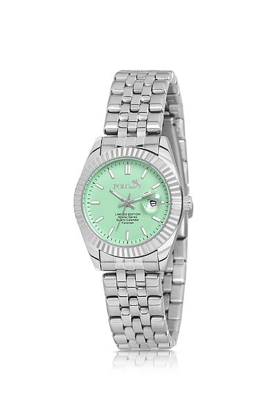 Polo Air Coral Single Row Women's Wrist Watch with Calendar Silver Green Color Pl-1519B4X