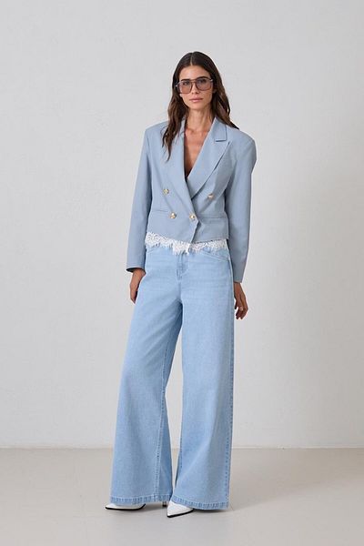 Setre Blue Asymmetrical Closure Lace Detail Long Sleeve Short Jacket