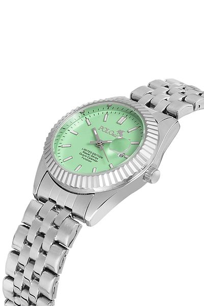 Polo Air Coral Single Row Women's Wrist Watch with Calendar Silver Green Color Pl-1519B4X