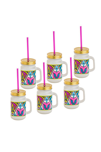 HIC Colored Glass Mug With Straw Set 450 ml 6 Pieces
