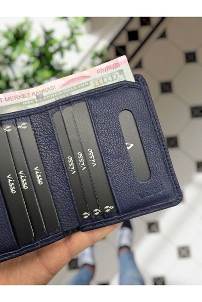 VİSSO 316 Genuine Leather Card Holder Wallet for Men Simple Elegant Thin Model Leather Bag Dark Blue
