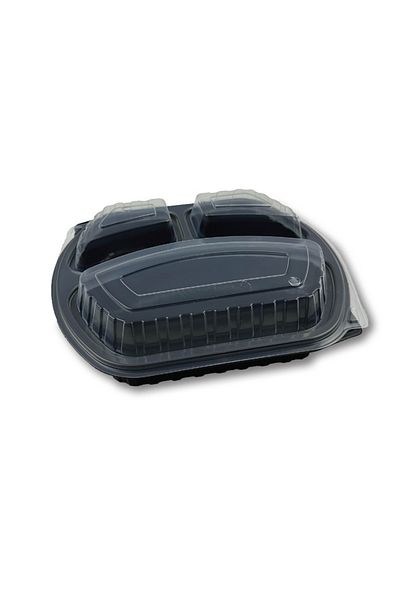Home Black Plastic Lid Food Container Microwave Container 3 Compartments 150 Pieces