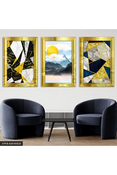 Evinemoda Pictură înrămată cu oglindă din plexiglas, model abstract de soare de munte, 3 piese