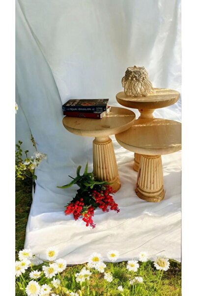 Simillo Home&Living Wood Wooden Ahşap 3’lü Set Mantar Yan Sehpa Modern Nature...