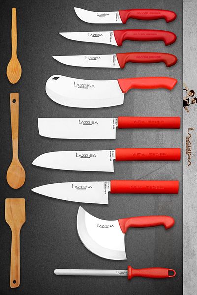 LAZBİSA Silver Series Kitchen Knife Set Onion Pastry Knife and Montessev Wooden Wooden Spoon Set (12 Pieces)