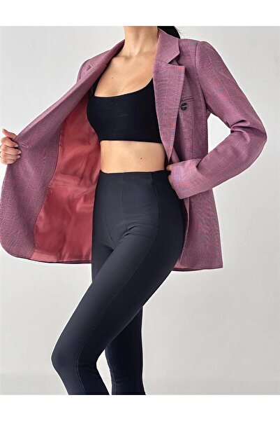 BUTİK ELAJ Kadın Pembe Ekose Tek Düğme Blazer Ceket