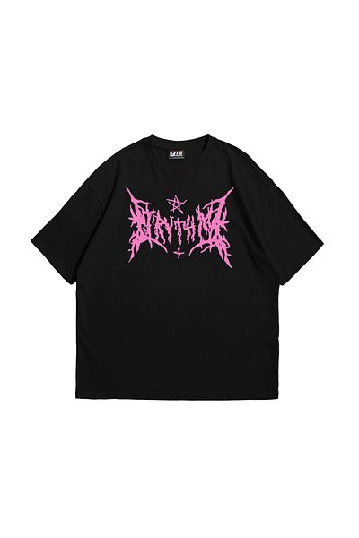Sekizbiraltı Unisex Oversize Μαύρο T-Shirt - Ροζ γοτθικό εμπριμέ