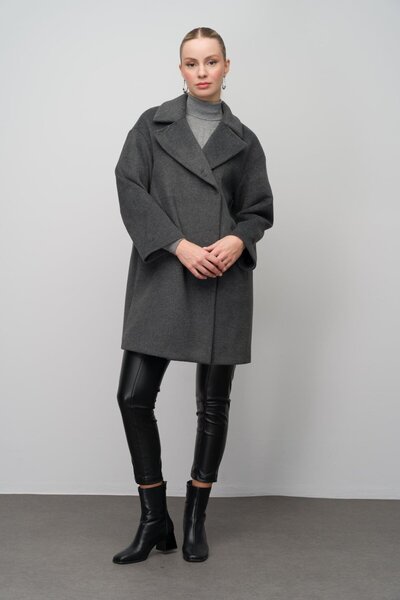 Olcay Snap Closure Loose Large Size Coat Dark Gray 3080