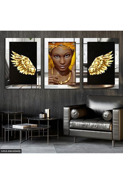 Evinemoda Aripă de înger femeie africană argintie 3 piese pictură în oglindă din plexiglas