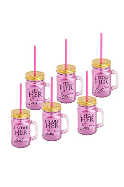 HIC Colored Glass Mug With Straw Set 450 ml 6 Pieces