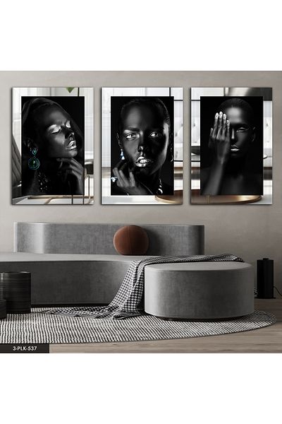 Evinemoda Femei africane Tablou cu oglindă din plexiglas argintiu 3 piese