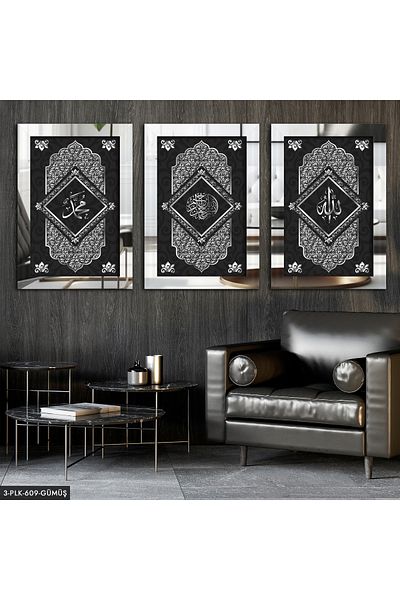 Evinemoda Allah Mohammed Basmala Silver 3 piese Tablou cu oglindă din plexiglas