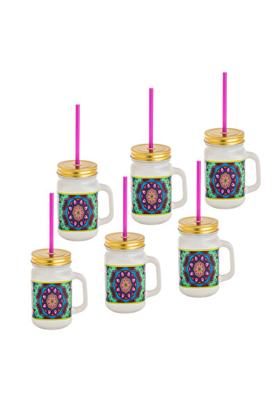 HIC Colored Glass Mug With Straw Set 450 ml 6 Pieces