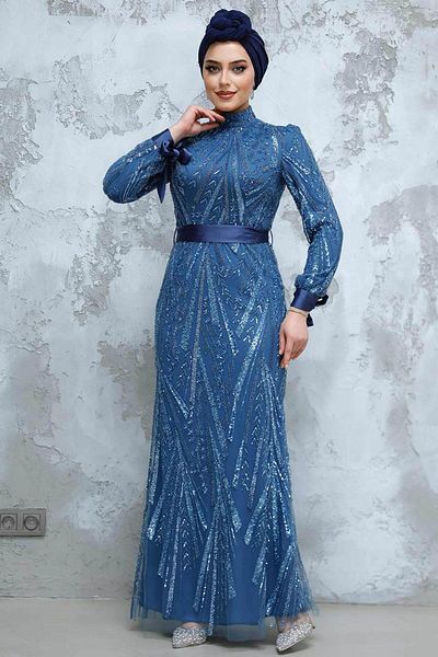 Neva Style Beaded Indigo Blue Hijab Evening Dress 47631ım