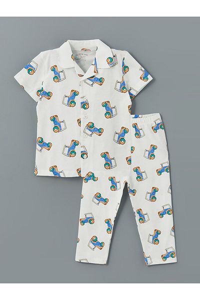 LC Waikiki Ecru Polo Neck Printed Baby Boy Pajamas Set