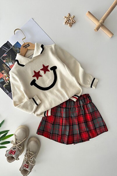 Minigimin Cicileri Set de tricotaje în carouri și pantaloni scurți și fuste pentru fetiță - Starwork, crem