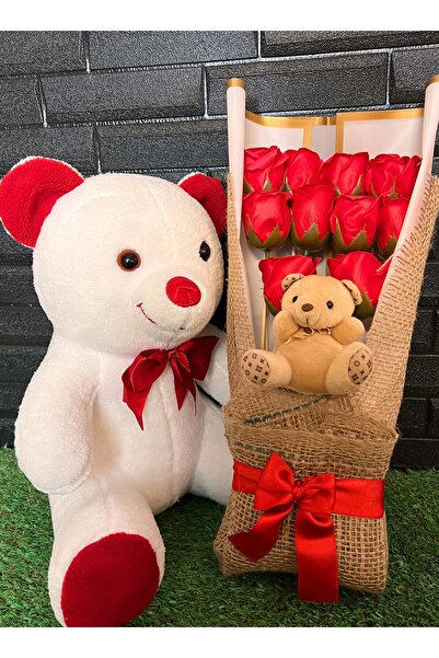 lenostra 35cm Beyaz Ayıcık ve Ayıcıklı Gül Buketi Kız Kardeşe Hediye Arkadaşa...