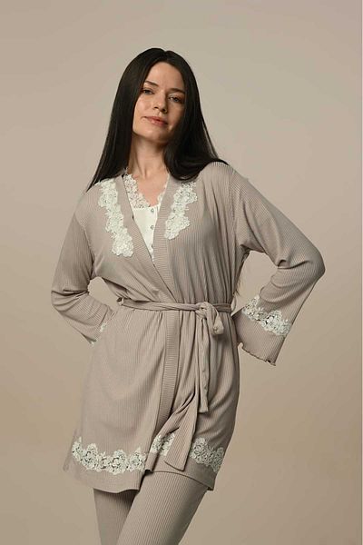 Pelin Women's Gray Lace Ribbed Maternity Maternity 3-Piece Pajamas Set