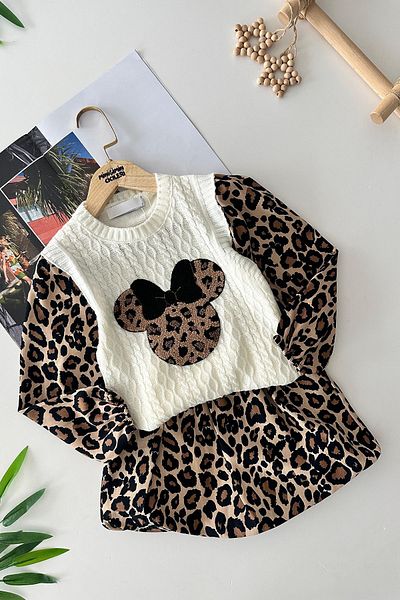 Minigimin Cicileri Applique Knitwear Brown Color 2-Piece Set - with Balloon Skirt