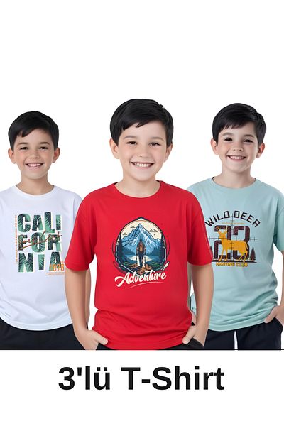 YA KO KİDS 3-Piece Surf Club-Adventure-Deer Printed Boys' Short Sleeve T-Shirt