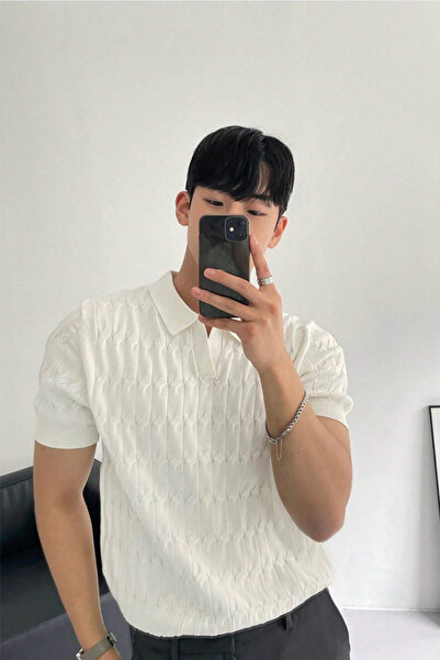 Tarz Cool Ανδρικό Λευκό Λεπτό Πλεκτό Τ-shirt με Σλιμ Φιτ και Πόλο Γιακά.