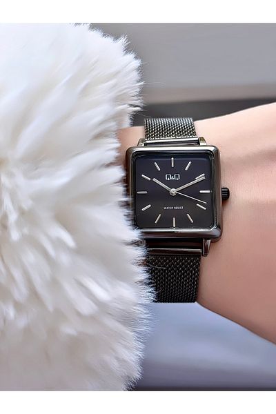 Q&Q Women's Black Square Case Retro Straw Cord Wrist Watch