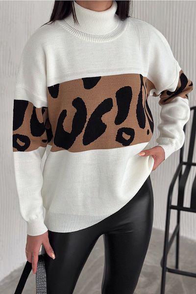 FEMELLE Pulover de damă, alb, mărime standard, cu model leopard, tricotaj cu gât
