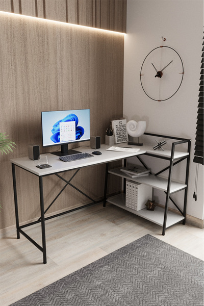 Flinder Beyaz/Siyah Çift Yöne Uygun, Kitaplıklı, Raflı, Çalışma Masası, Bilgi...