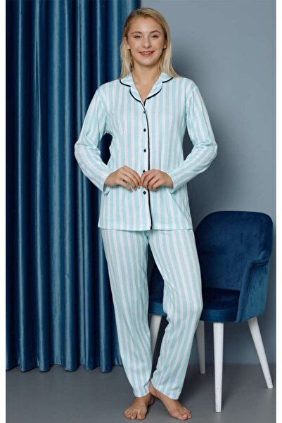 Genel Markalar Gömlek Yaka Çizgili Düğmeli Kadın Pijama Takımı