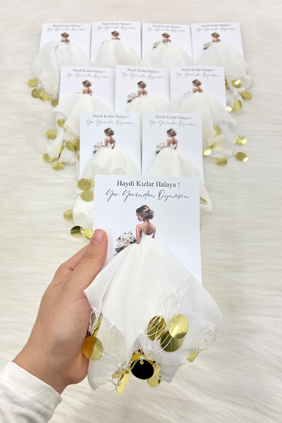 ZEYMERADE Beyaz Gold Şifon Kartlı Hediyelik Halay Mendili 1 Adet, Gelin Damat...