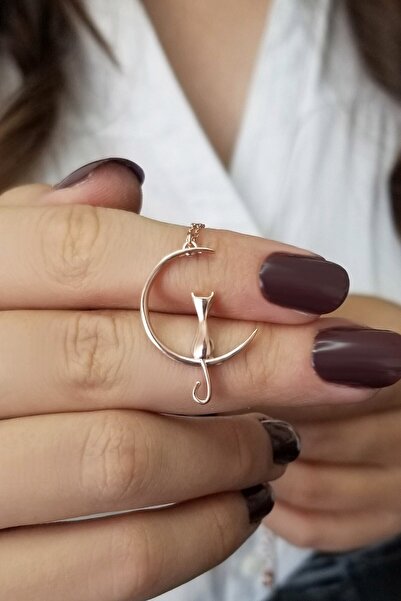 Parmas Design Kedi Ve Hilal 925 Ayar Gümüş Kadın Rose Kolye