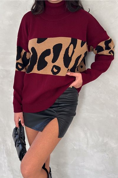 FEMELLE Women's Burgundy Standard Size Leopard Print Turtleneck Knitwear Sweater