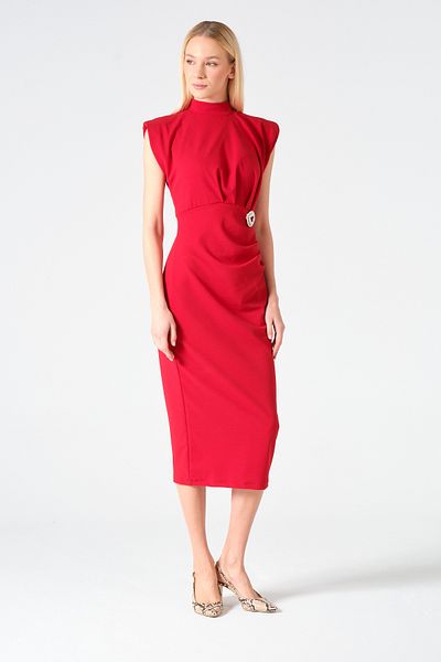 Moda Palmiss Women's Red Drape Detailed Padded Brooch Detailed Dress