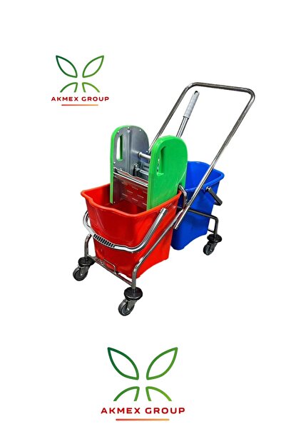 Akmex Grup Çift Kovalı Temizlik Arabası Krom Gövdeli Çelik Presli Paspas Arab...