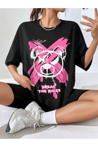 donamod Tricou oversize cu desene animate și design grafic Seria Cartoon/Lett...