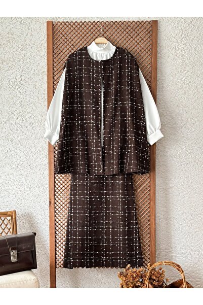 KÜÇÜĞÜM BUTİK Σετ γυναικεία φούστα καφέ Tweed - Σετ 2 τεμ