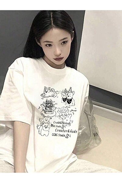 donamod Tricou oversize cu desene animate și design grafic Seria Cartoon/Lett...