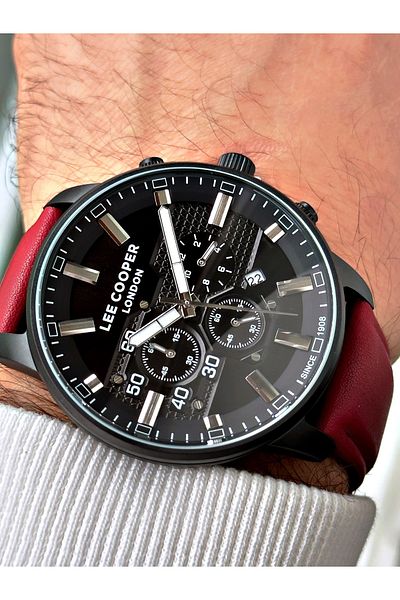 Lee Cooper Function Red Color Leather Band Men's Wrist Watch