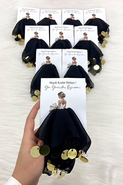 ZEYMERADE Siyah Gold Şifon Kartlı Hediyelik Halay Mendili 1 Adet, Gelin Damat...