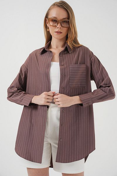 Bigdart 20217 Ριγέ πουκάμισο Oversize με λεπτομέρεια τσέπης - Καφέ