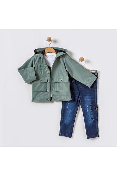 tipycix kids wear Woven Cotton Bondik Jacket Denim Trousers Combed Cotton T-Shirt 3-Piece Boy's Set