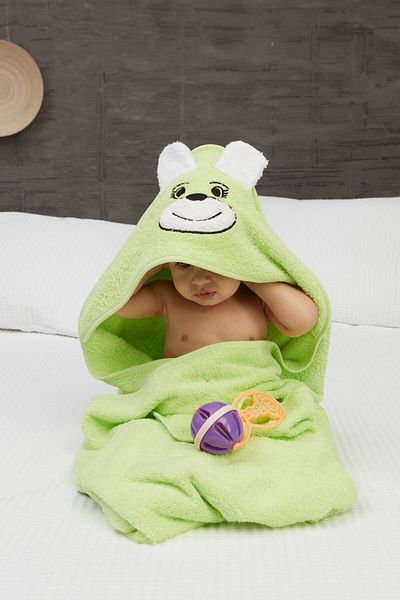 Mislina Home منشفة أطفال بغطاء للرأس مطرزة باللون الأخضر من Pupy Bear - 100x100 سم
